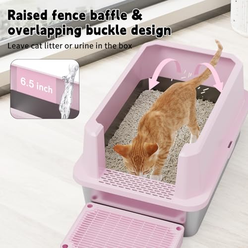 RIZZARI Stainless Semi-Closed Litter Box: High-Sided Open for Large Cats | 304 Stainless Bottom / 6.5" High Splash Guard / Low Front Entry / Spacious for Large Breeds / 30-Second Tool-Free Assembly - color: Pink, 1 Pack
