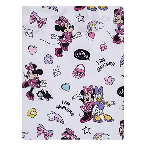 Disney Minnie Mouse I am Awesome Lavender, Pink, and White with BFF Daisy Duck, and Figaro The Cat 4 Piece Toddler Bed Set - Comforter, Fitted Bottom Sheet, Flat Top Sheet, and Reversible Pillowcase