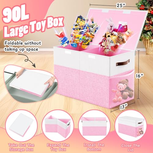 Large Toy Storage Box with Lid & Dividers, Kids Toy Chest, Pink and White | Toy Box for Boys, Girls, Nursery, Bedroom, Living Room, Playroom, 25 x 13 x 16 inches - color: Large Pink and White