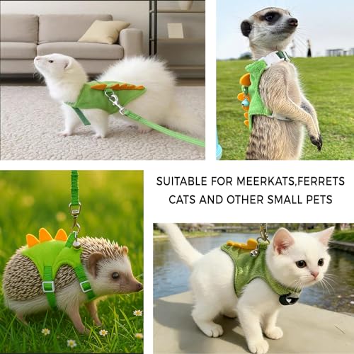 Harness and Leash Set for Small Pets, Dinosaur Shaped Vest Harness, Adjustable Soft Plush Vest with Bell for Guinea Pigs, Ferrets, Hamsters, Hedgehogs - Safe Outdoor Walking Adventure Gear,Green