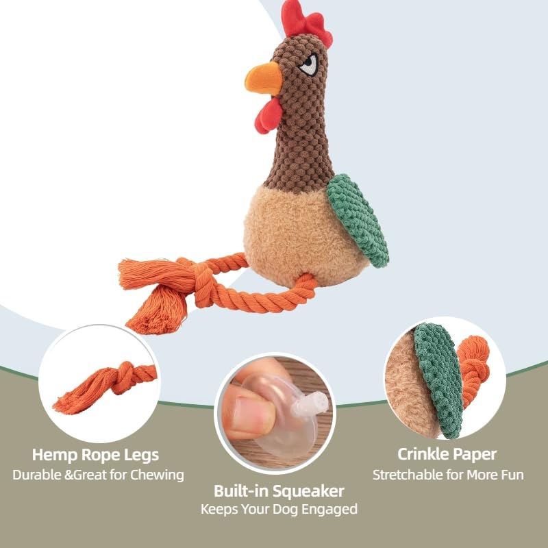Plush Chicken Dog Toy with Squeaker and Rope Legs for Small Dogs | Soft fabric design with fun sound effects, perfect for tug games, fetching, indoor activities and daily bonding with pets - color: Brown Rooster