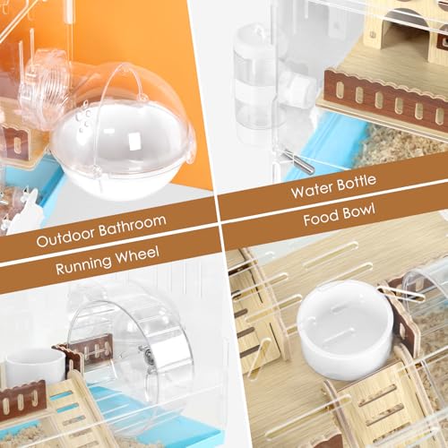 Acrylic Hamster Cage Small Hamster Habitat 360 Viewing Hamster Enclosure with Running Wheel & Hideout for Dwarf, Guinea Pig, Gerbils, Blue, 13.3" L*10.2" W*12.4" H - color: Blue
