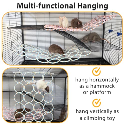 2Pcs Rat Climbing Rope Net Toy for Cage, Hanging Swing (Random Color) | Multifunctional Small Pet Activity Toy Works As Hemp Perch, Rope Ladder, Bridge and Hammock for Rats, Birds to Climb and Rest
