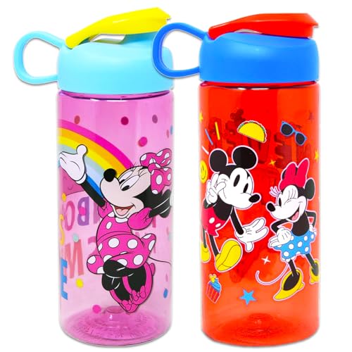 Mickey and Minnie Water Bottle Set for Kids, Girls, Boys - 5 Pc Disney School Supplies Bundle with Mickey Water Bottle, Minnie Water Bottle, Stickers and More | Disney Drinking Cups for Kids