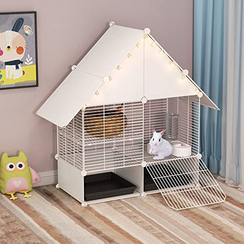 DuvinDD 2-Story Small Rabbit Cage Indoor Bunny Hutch with 2 Deep Pull-Out Trays and Urine Guard, Guinea Pig Cage Metal Wire Netting Villa, Small Animals House for Ferret, Chinchilla, Hedgehog - color: White