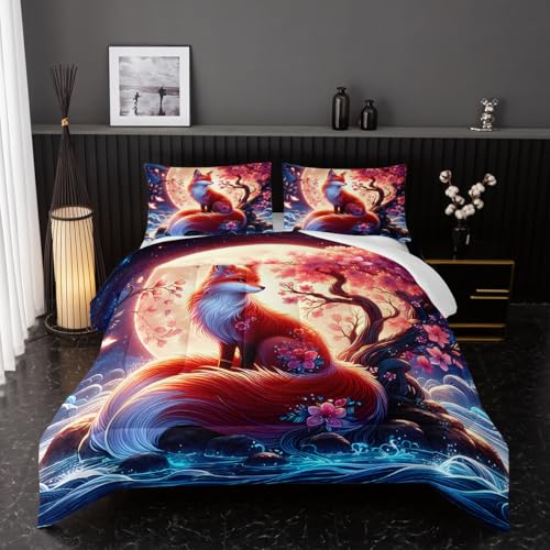 Nttopship Fox Comforter Bedding Set with 2 Pillowcase Full Size Cartoon Fox Sakura Comforter Set for Kids Boys Girls Bedroom Decor - color: Fox, size: Full