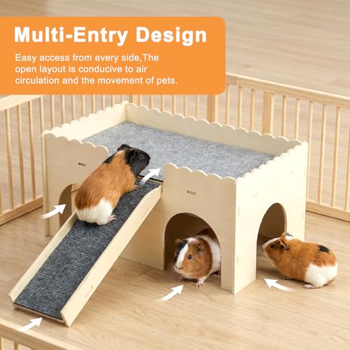 Extra Large Wooden Guinea Pig House Castle with Ramp and Fleece Mat, 2-Story Detachable Chew Proof Small Animal Hideout Hut, Easy to Assemble Wooden Hideaway for Bunny, Hamster, Chinchilla, Beige