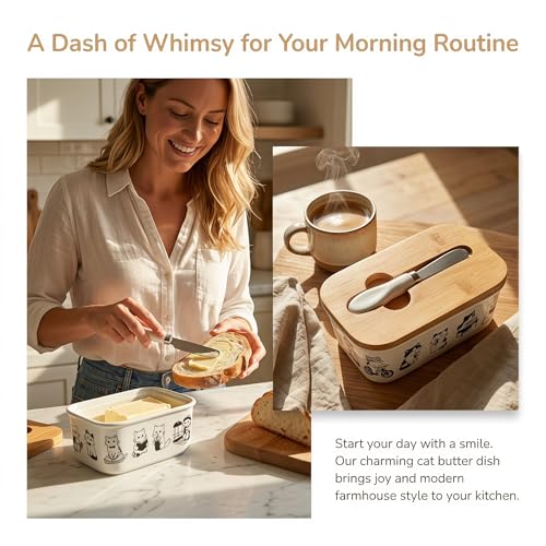Cute Cat Kitten Print Ceramic Butter Dish with Bamboo Lid & Butter Knife, Covered Butter Keeper Container Fits Standard Western Butter Stick for Kitchen Countertop Fridge Storage - color: Black