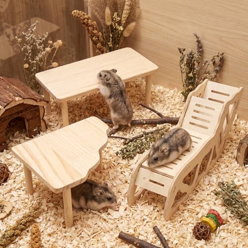 3 Pack Wooden Hamster Play Platform, 3-in-1 Natural Small Pet Playground with Tunnel, Ladder & Hidden Rest Area, Wooden Support Column Cage Accessories for Hamsters, Squirrels & Tiny Pets