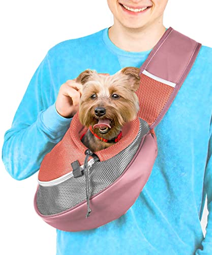Cuddlissimo Small Dog Sling Carrier, Pet Cat Sling, Puppy Pouch - Red-S | Teacup & toy breeds under 6 lbs, Yorkie, Chihuahua, kitten, wearable purse-style shoulder bag, hands-free chest carrying - color: Rosy Brown