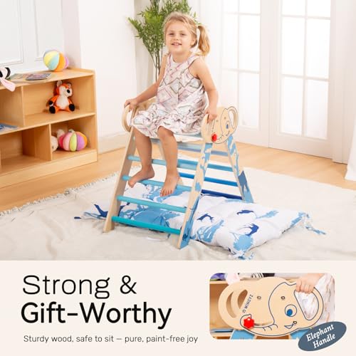Pikler Triangle Set, Montessori 8-in-1 Climbing Set with Cushion | Wood Jungle Gym for 18M-5Y, Foldable, Reversible Animal Slide, Patent-Protected, 2.35in Gap, ASTM F963, Blue - color: Blue