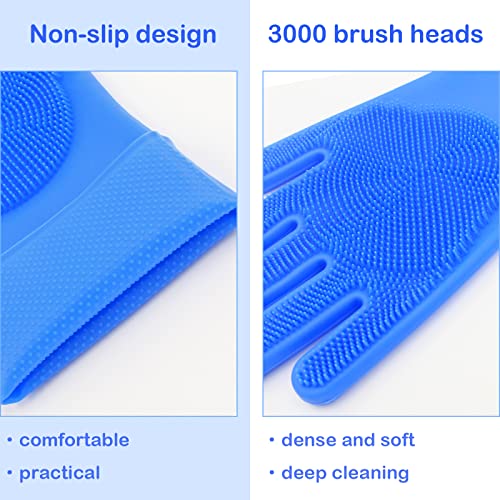 Silicone Pet Grooming Gloves Dog Washing Gloves for Bathing Massaging | 3,000 Soft Bristles, Non-slip & Extended Sleeves, Heat Resistant & Dishwasher Safe, For Cats and Dogs, Home/Car Cleaning - color: Blue
