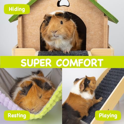 BESNEW 3 in 1 Enlarged Guinea Pig Hammock,Wooden Guinea Pig Hideout with House & Platform & Stairs Small Animal Toys for Hiding Sleeping Activities - color: Matcha Brown