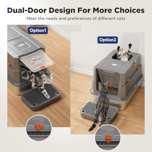 FURTIME Stainless Steel Litter Box with Lid, Enclosed Metal Cat Litter Box | XL Extra Large, Cat Box with High Sided Enclosure & Scoop, Big Cats, Front & Top Entry, Odor Free, Anti-Leakage, Grey - color: Grey, size: X-large