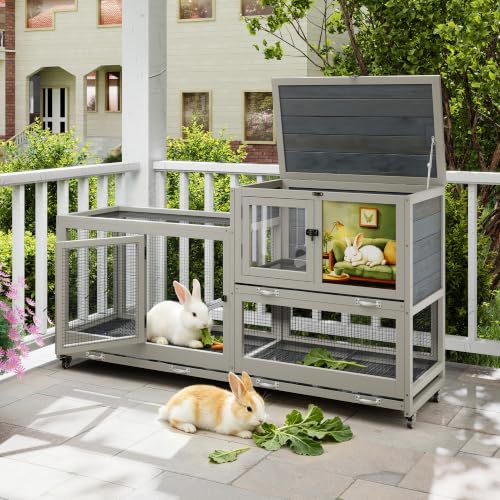 COZIWOW Grey 2-Tier Wooden Rabbit Hutch, Indoor Rabbit Cage | 2-Tier Rabbit House Features Rolling Wheels, Easy-Clean Tray, Anti-Slip Ramp And Air Circulation Vents - size: 2-compartment rabbit cage