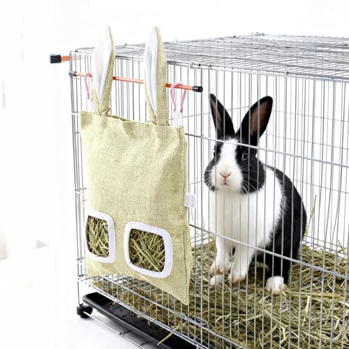 2 Pack Rabbit Guinea Pig Hay Feeder, Cute Bunny Hay Bag, Hanging Hay Holder for Guinea Pig Cage, Hay Feeder for Rabbits Chinchillas Hamsters Small Pets and Animals (Yellow & Green)