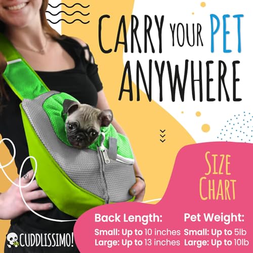 Cuddlissimo Small Dog Sling Carrier, Pet Cat Sling, Puppy Pouch - Green-S | Teacup & toy breeds under 6 lbs, Yorkie, Chihuahua, kitten, wearable purse-style shoulder bag, hands-free chest carrying - color: Lime Green