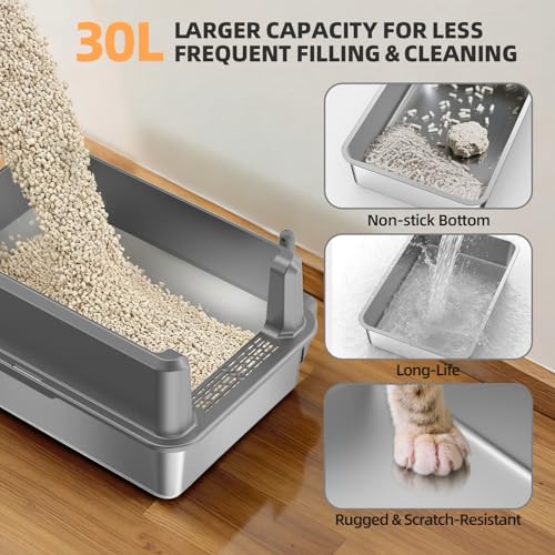 Stainless Steel Cat Litter Box, XXL High Sided Open Top Litter Pan, 1 Scoop | XXL, Spacious Interior, High Sides, Anti-Urine Leakage, Non-Stick Odor Resistant, Easy Clean, Reduce Litter Tracking - color: 3 - Light Gray (Pack of 1)