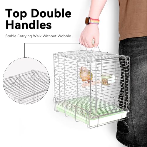 Bird Carrier Travel Cage - 304 Stainless Steel Portable Folding Bird Travel Cage with Parrot Feeder Cups & Standing Perch for Smaller Birds Conures Lovebird Cockatiel Parakeets (Green) | Easy install, includes carry bag. Rustproof, chew-safe, folds flat.