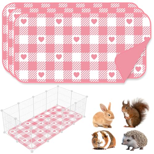 JarThenaAMCS 3 Pcs Checkered Guinea Pig Pee Pads 24 x 47 in Pink White Heart Reusable Bunny Squirrel Mat Washable Small Animal Cage Liner for Valentine's Day Rabbit Hamster Chinchilla Ferret Rat