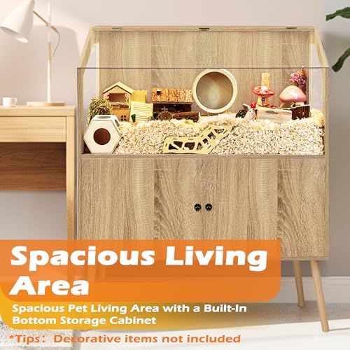 PROLEE Hamster Cage with Storage Cabinet,Large Hamster Encloure Chew Proof Wood,Clear View Hamster Habitat for Guinea Pig, Ferret, Rat, Hedgehog, 40" L x 20" W x 47" H (White Oak) - color: White Oak