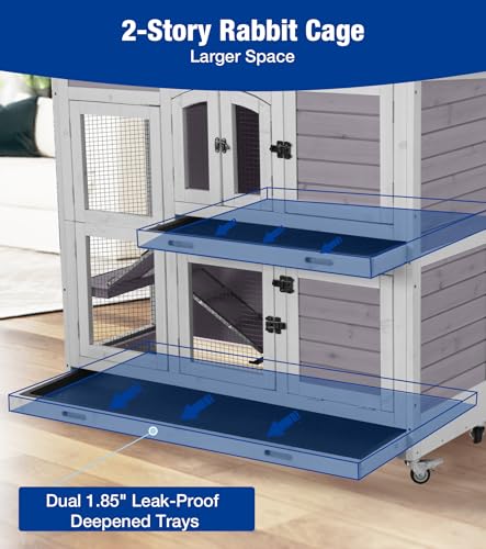 2-Story Rabbit Hutch with Wheels, Bunny Cage with Two Deepened Leak-Proof Trays, Indoor Outdoor Guinea Pig Cage with Waterproof Asphalt Roof - Grey - color: 44"L Grape Purple