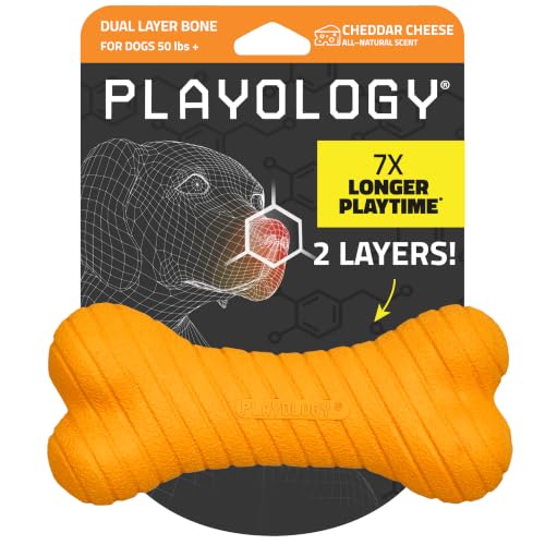 Playology Dual Layer Bone Dog Chew Toy - Jumbo, Cheddar Cheese Scent | Rubber Construction, All Natural Scent, Heavy Duty Design - size: Jumbo, style: Cheddar Cheese
