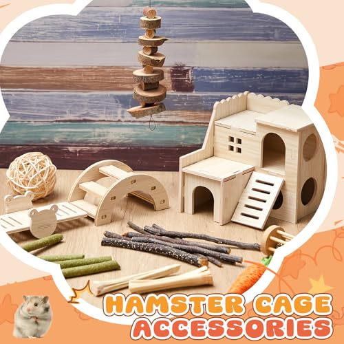 8 Pcs Hamster Cage Accessories Hamster Starter Kit with Maze Wood House, Bridge, Seesaw, Chew Toys Set for Gerbils and Mice Small Animals Habitat Supplies(Classic Villa) - style: Classic Villa