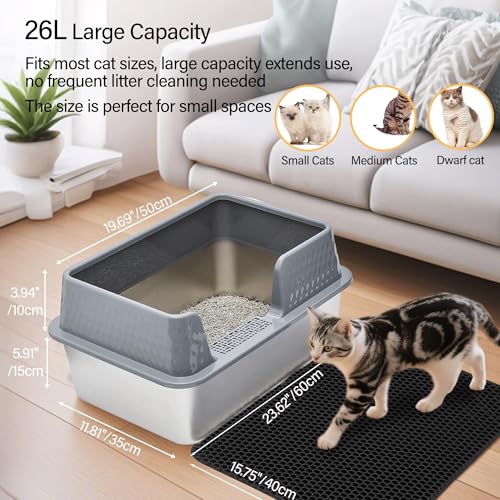 Large Stainless Steel Cat Litter Box with lid Cover Mats Scooper Small High Sided Enclosed Metal Kitty Litter Box for Kittens or Senior Cats with Grey Enclosure - size: Large