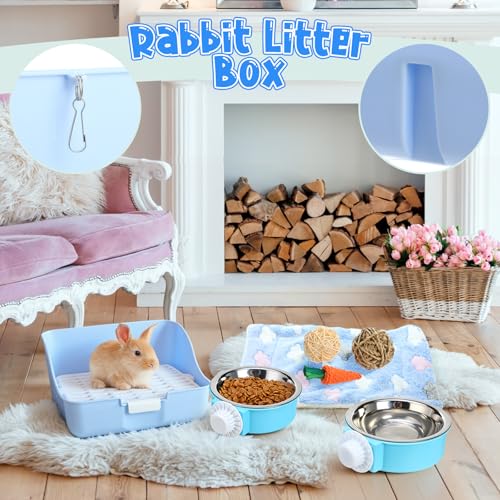 Reallnaive 15 Pcs Rabbit Starter Kit Small Rabbit Litter Box Girls Gift Animal Grooming Kit Bunny Toys Bowl Blankets with Cleaning Set for Guinea Pig Accessories(Candy Blue) - color: Candy Blue
