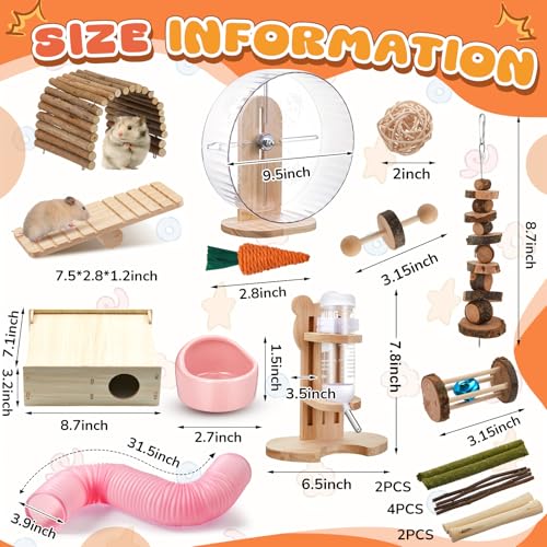 20 Pcs Hamster Toys Set, 16 Small Animal Chewing Toys, Maze Wood House, Silent Exercise Running Wheels and Water Bottle Set Feeding Bowl for Hamster Habitat Rat Cage Accessories(Pink) - color: Pink