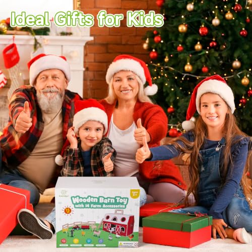 Wooden Barn Toy Set with Farm Animals, Portable Pretend Play Barn Playset for Kid 3+, Farm Animal Figures, Montessori STEM Educational Animal Playset for Kids Birthday
