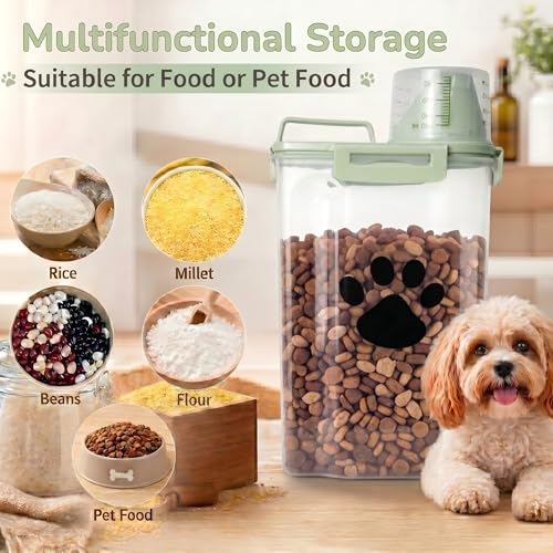 Dog Storage Container with cleaning brush with Measuring Cup | Airtight Portable Pet Food Containers with Upgraded Large Spout and Cup for Dogs,Cats,Birds,Small Animals（Green） - color: 3QT-Green