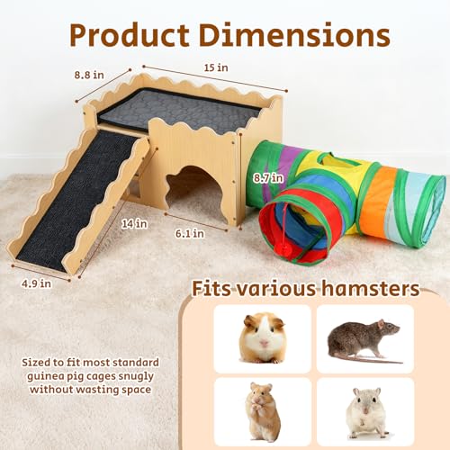 Wooden Guinea Pig Hideout Cave House, Guinea Pig Castle with Natural Cave-Style Entrance, Large Small Animal Habitat with Stairs, Waterproof Liner, Easy Assembly for Guinea Pigs, Rabbits & Hamsters - color: Tunnel Hideout