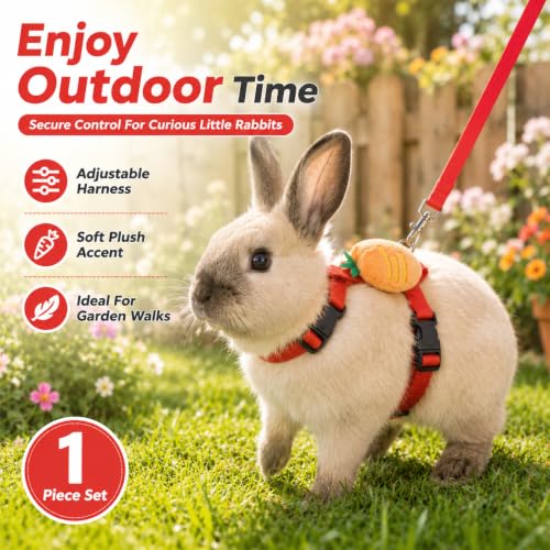 Rabbit Harness and Leash Set, Bunny Leash for Walking Escape Proof, Adjustable Cute Vest with Decoration for Ferret Cat Puppy Small Pets (Carrot)