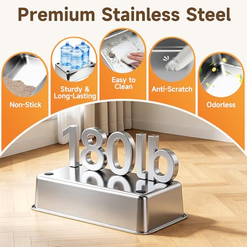 Stainless Steel Litter Box with Lid, High Sided Enclosed Metal Litter Box for Big Cats, Easy Cleaning Anti-Urine Leakage, Non-Sticky Cat Box, Front Entry Top Exit KittyBox, Includes Mat & Scoop