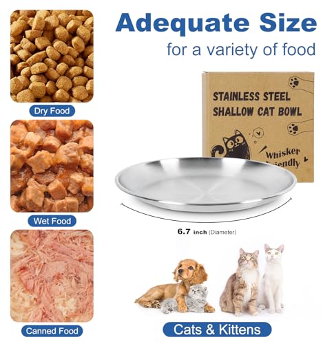 Supet Cat Plates Whisker Friendly, Non Slip Dish for Wet Food, Shallow Wide Flat Bowls Stainless Steel Metal for Indoor Cats, Kitten, Small Dog (13Oz, 4Pcs) - size: 4Pcs