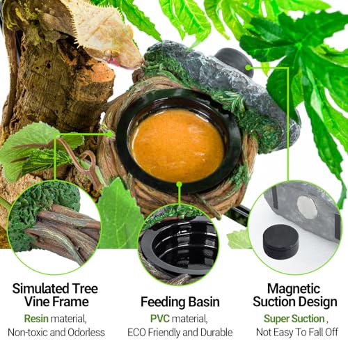 REPTI ZOO Magnetic Reptile Feeding Ledge, Gecko Feeder Ledge with 2PCS Cups, Hollow Vine Food Dish, Reptile Water Bowl for Bearded Dragon Lizard Snake, Terrarium Tank Accessories - size: Magnetic- Single Feeder
