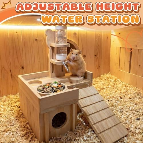 Hamster Cage Accessories, 4 Pcs Wooden Dwarf Hamster Hideout House with Ladder Platform, Feeding Bowl, Water Bottle with Holder Stand for Gerbil Rat Mice Small Animal Habitat Decor