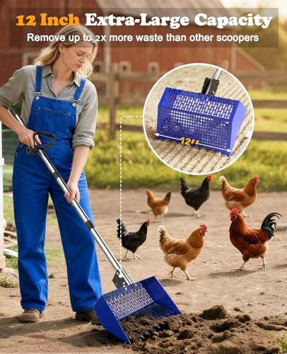 Chicken Poop Scooper & Rake with 3-Angle Adjustable Sifting Shovel | 12" Stainless Steel Chicken Coop Scoop for Sand, 22-64" No-Bend Poultry Litter Cleaner for Chicken Coop & Animals House