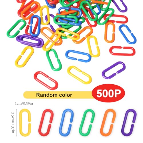 500Pcs Rainbow C-Clips Plastic Chain Links, Bird Swing & Climbing Chain Cage Toy Clips & Hooks, Interlocking C-Clip Bird Cage Accessories for Sugar Glider Rat Parrot Bird, Children's Learning Toy