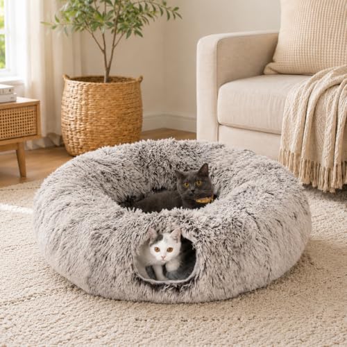 Warm Fluffy Plush Cat Tunnel Bed Under Christmas Tree Big Tube Playground Toys 3 FT Diameter Longer Crinkle Collapsible 3 Way, for Indoor Cat Kitty Kitten Puppy Rabbit Ferret Brown - color: Brown