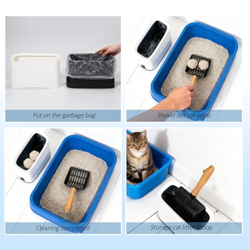 Cat Litter Scoop, Metal Litter Scoop, Short with Holder | Heavy Duty Metal Cat Scooper for Litter Box, Black Sifter Scoop for Pellets, Wooden Handle Scoop with Hole, Kitty Necessity - size: Cat Litter Scoop Short with Holder