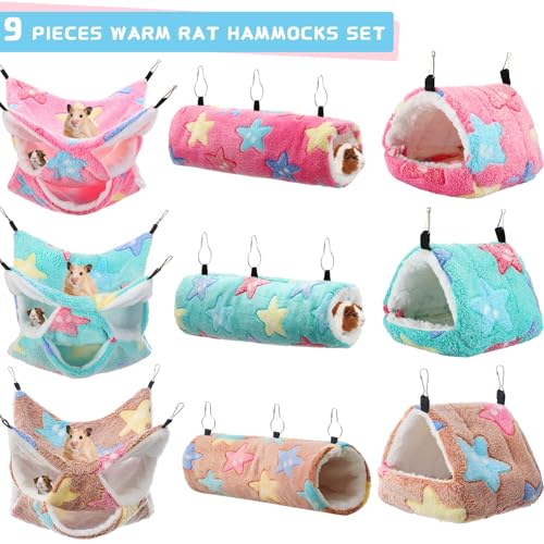 Abbylike 9 Pieces Rat Hammock 3 Tier Guinea Pig Ferret Hammocks Small Pet Hanging Tunnel Glider Toy Guinea Pig Ferret Hideout Bed Cage Accessories for Hamster (Green, Pink, Brown,Stars) - color: Green, Pink, Brown