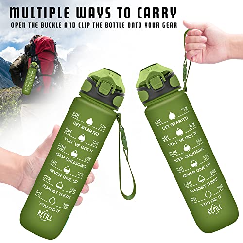 Enerbone 32 oz Drinking Water Bottle with Times to Drink and Straw, Motivational with Carrying Strap, Leakproof BPA & Toxic Free, Ensure You Drink Enough Water for Fitness Gym Outdoor - color: Hunter Green