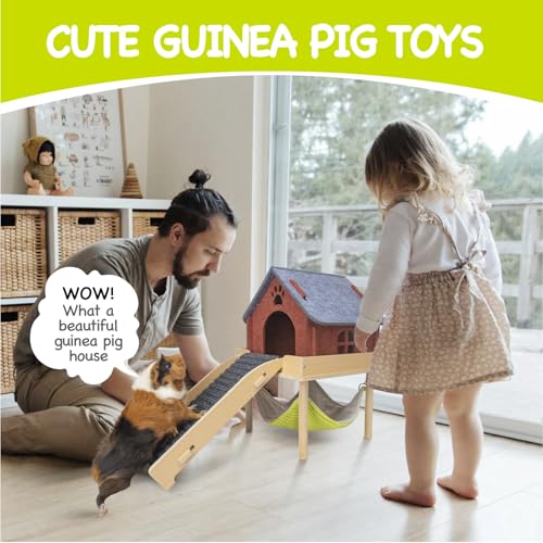 BESNEW 3 in 1 Enlarged Guinea Pig Hammock,Wooden Guinea Pig Hideout with House & Platform & Stairs Small Animal Toys for Hiding Sleeping Activities - color: Gray Roof