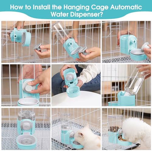 Yummy Sam Hanging Cage Automatic Small Pet Food Bowl Water Bottle Dispenser, Detachable Auto Gravity 1.2L Self-Feeding Feeder and 0.52L Waterer Set Kennel Feeding Station for Puppy Cats(Sky Blue) - color: Sky Blue