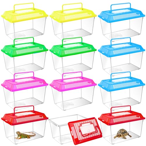 12Pcs Plastic Reptile Terrariums Carrier Cage, Tarantula Enclosure Snake Breeding Box Hatching Container Transparent Fish Tank Turtle Aquarium with Random Color Lid for Lizards, L(8.7" x 5.5" x 5.9") - size: L