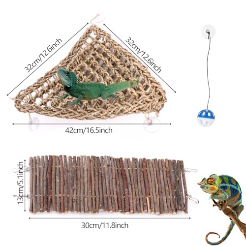 Large Bearded Dragon Tank Accessories, Natural Adjustable Reptile Climbing Toys Bendable Bridge, Reptile Habitat & Hermit Crabs Habitat Decor with Climbing Hammock Toys for Hermit Crab, Lizard, Snake