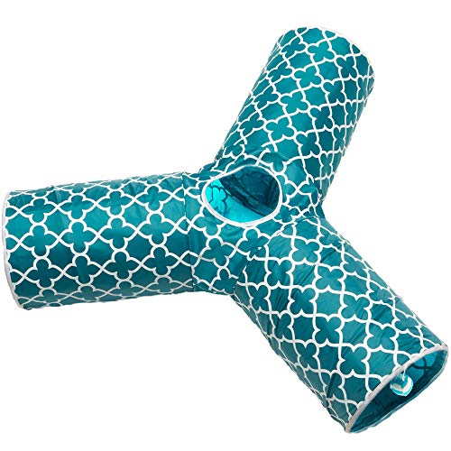 Cat Tunnel - Collapsible 3 Way Quatrefoil Play Toy - Tube Fun for Rabbits, Kittens, and Dogs - Quatrefoil Teal/White - color: Teal/White